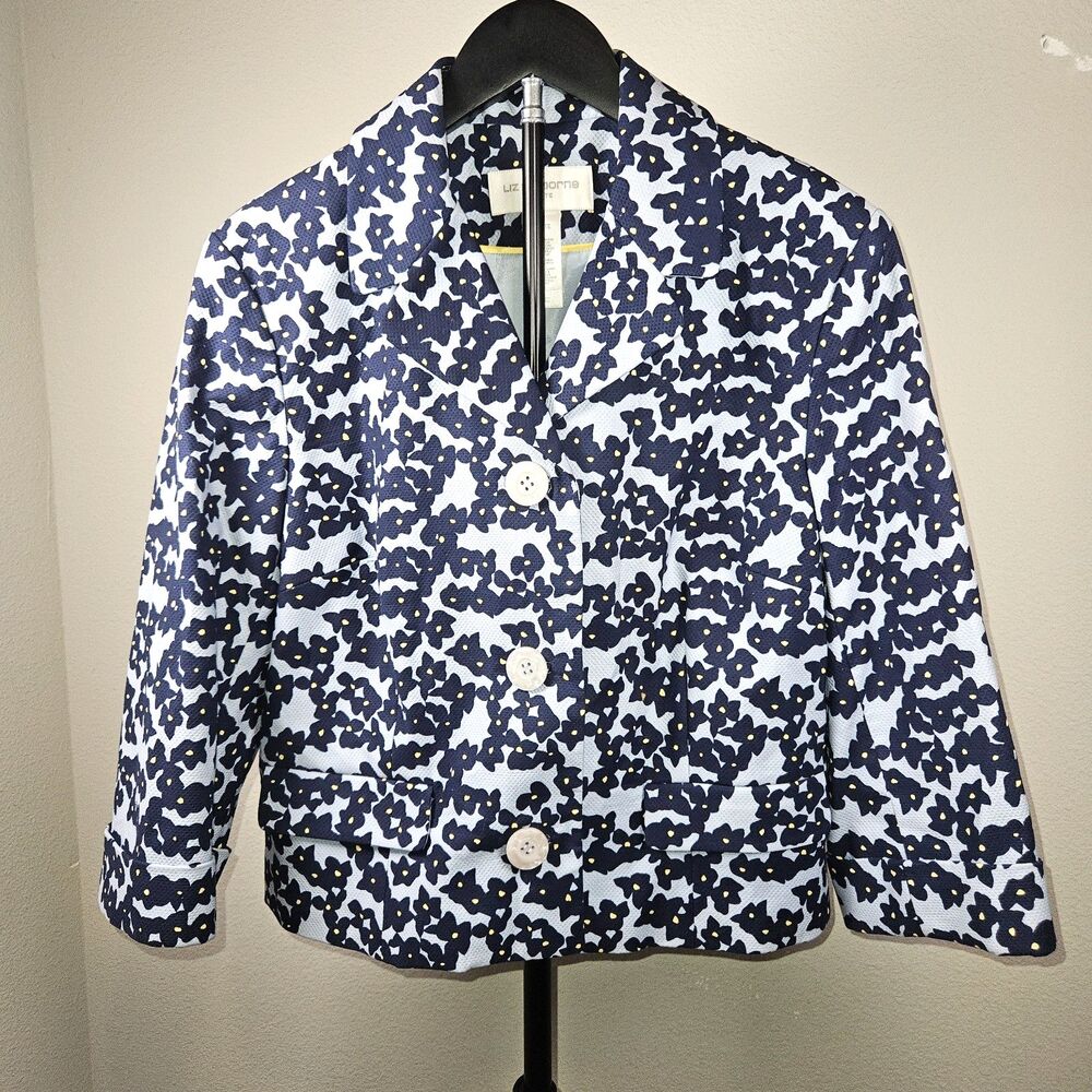 Liz Claiborne Blazer Women 14P Blue Floral Textured Cotton Spandex Preppy Chic